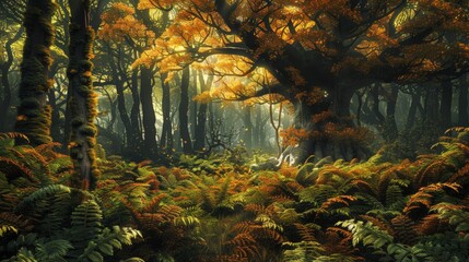 Temperate deciduous forest autumn forest red orange.An ancient forest with giant trees and a carpet of ferns oak beech maple. night mysterious and ancient nature landscape fantasy nature background  