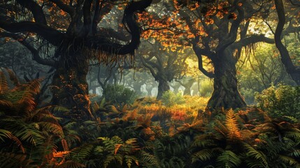 Temperate deciduous forest autumn forest red orange.An ancient forest with giant trees and a carpet of ferns oak beech maple. night mysterious and ancient nature landscape fantasy nature background

 - obrazy, fototapety, plakaty