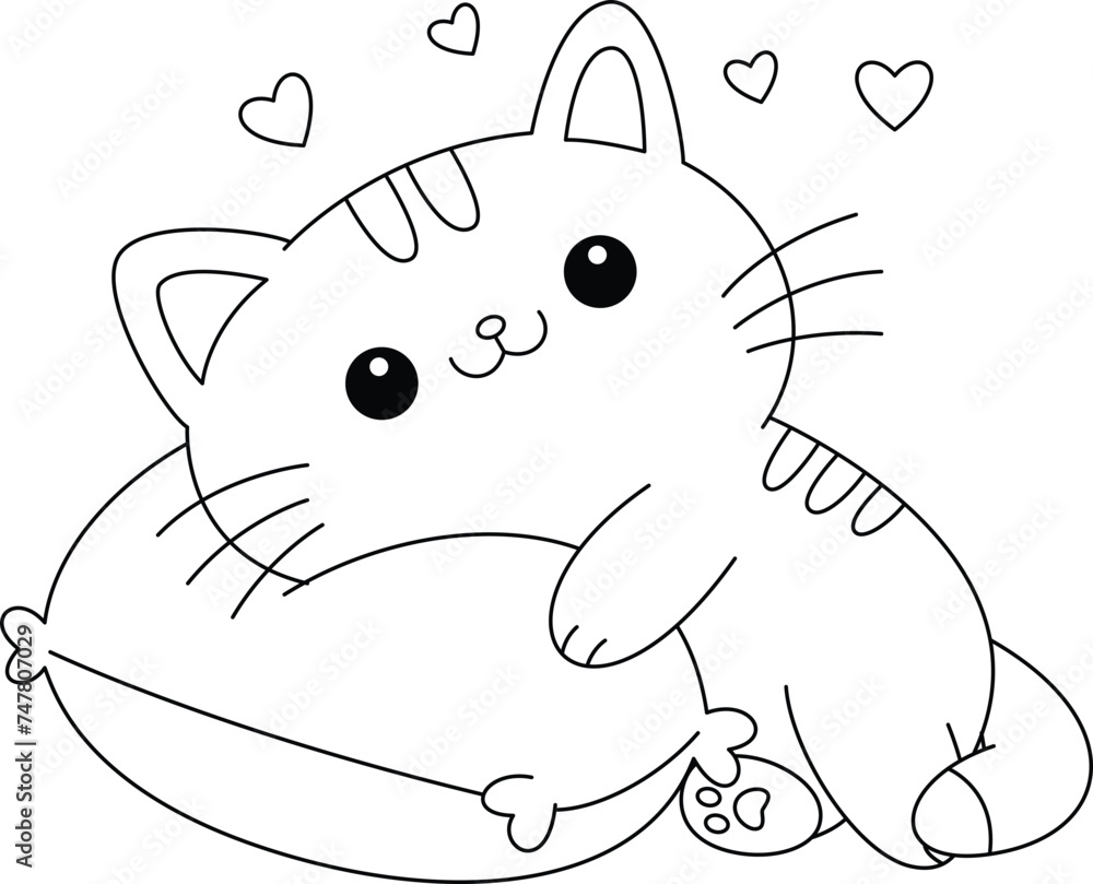 Wall mural Cute cat lies on a pillow coloring page. Cat coloring book for kids  - Wall murals