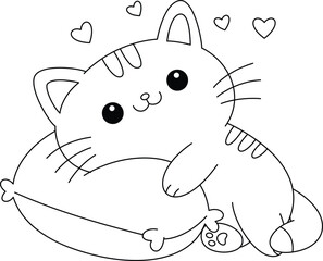 Cute cat lies on a pillow coloring page. Cat coloring book for kids 