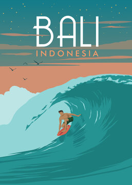 surf in wave of beach bali indonesia sunset