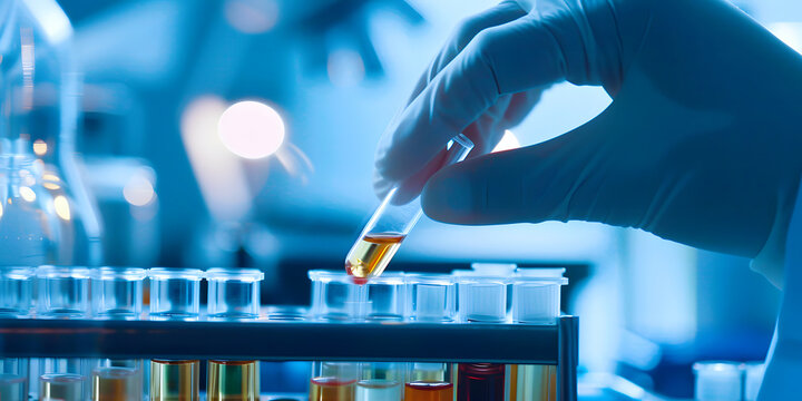 researcher or scientist holding urine sample tube to analyse in the laboratory