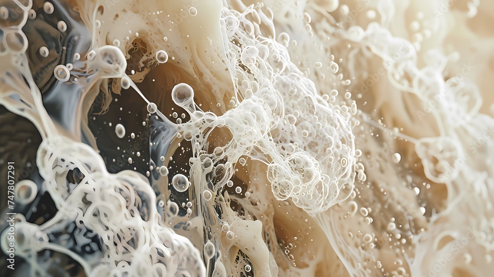 Poster An abstract composition captures the chaotic beauty of milk splashes, intertwined with contrasting colors. This image marries the fluid dynamics of liquids with a visually stunning display of texture