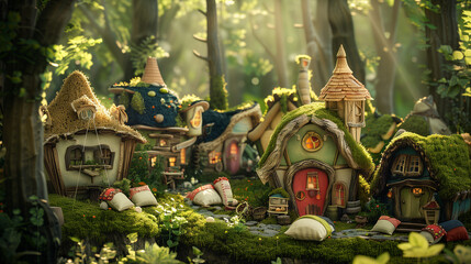Fototapeta premium In the heart of a forest, a miniature fantasy fairy village is illuminated by light filtering through the forest canopy above.