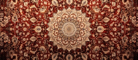 A red and white rug with a intricate circular design is displayed. The contrasting colors create a vibrant and visually striking pattern, adding a bold touch to any room.