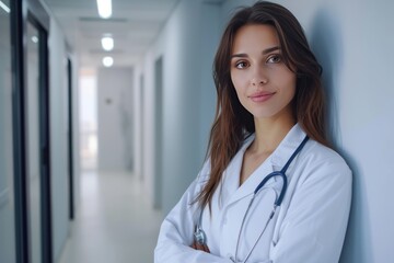 A portrait of a female doctor standing in medical corridor with stethoscope.
