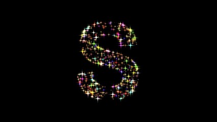 Beautiful illustration of English alphabet S with colorful glitters on plain black background