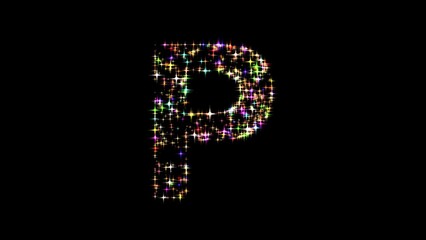Beautiful illustration of English alphabet P with colorful stars on plain black background