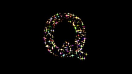 Beautiful illustration of English alphabet Q with colorful stars on plain black background