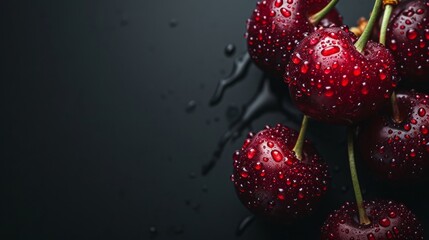 water drops on red cherries on a black background - Powered by Adobe
