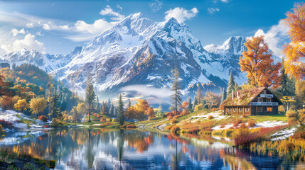 Fototapeta premium Majestic Lake and Mountain Landscape, Tranquil Nature and Reflective Water, Scenic Travel and Outdoor Adventure, Beautiful and Peaceful Environment