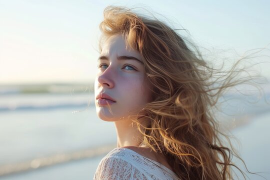 Pretty young woman at the beach, the sea breeze tousling her hair as she gazes pensively into the horizon. photo on white isolated background
