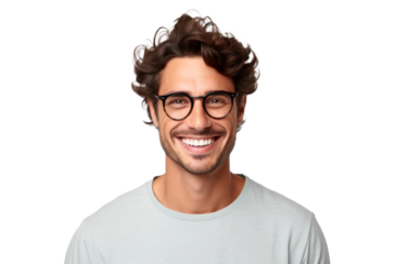 Studio portrait of handsome young Caucasian Americana man wear glasses and casual shirt with a beautiful smiling isolated on transparent png background.
