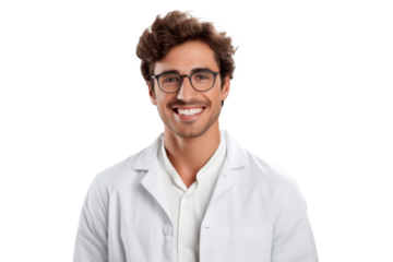 Studio portrait of handsome young Caucasian Americana man wear glasses and casual shirt with a beautiful smiling isolated on transparent png background.