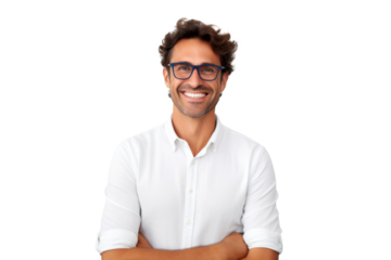 Studio portrait of handsome young Caucasian Americana man wear glasses and casual shirt with a beautiful smiling isolated on transparent png background.