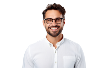 Studio portrait of handsome young Caucasian Americana man wear glasses and casual shirt with a beautiful smiling isolated on transparent png background.