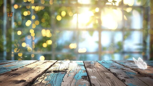 image of wooden table in front of abstract blurred garden and sunlight background. seamless looping overlay 4k virtual video animation background