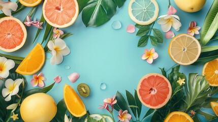 Creative layout made of tropical fruits and leaves on blue background. Flat lay, top view. Summer copcept - obrazy, fototapety, plakaty