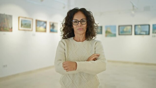 Middle-aged hispanic woman with glasses standing arms crossed in an art gallery, exuding confidence and sophistication.