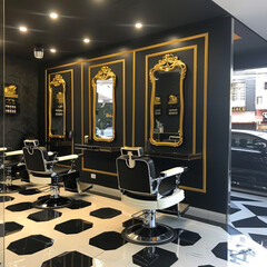 1950s style barbershop, white, black gold color, luxury modern style, no people inside, frameless mirror