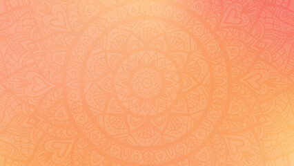 Round mandala on dreamy peach fuzz gradient background. Translucent mesh pattern in the form of a mandala. Mandala with floral patterns. Pastel Yoga template.