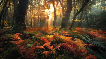 Temperate deciduous forest autumn forest red orange.An ancient forest with giant trees and a carpet of ferns oak beech maple willow mysterious and ancient nature landscape fantasy nature background
 - obrazy, fototapety, plakaty