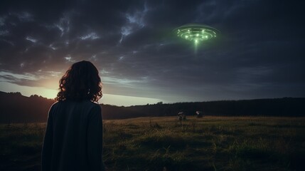 Enigmatic Encounter: Girl Gazing at UFO in Vast Field, Captured by Canon RF 50mm f/1.2L USM