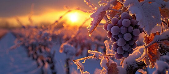A cluster of grapes hangs from a tree covered in snow, glistening with frost under the enchanting sunset, embodying the beauty of winter.