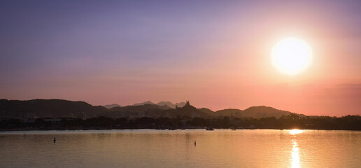 The Penha Church (Igreja da Penha) and Guanabara Bay seen from Linha Vermelha at Sunset - Rio de...