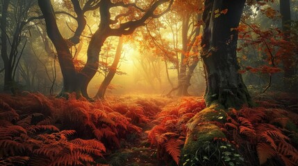 Temperate deciduous forest autumn forest red orange.An ancient forest with giant trees and a carpet of ferns oak beech maple willow mysterious and ancient nature landscape fantasy nature background 