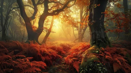 Raamstickers Temperate deciduous forest autumn forest red orange.An ancient forest with giant trees and a carpet of ferns oak beech maple willow mysterious and ancient nature landscape fantasy nature background  © Sittipol 