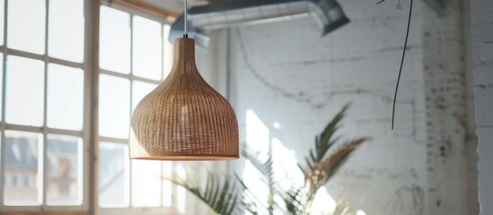 A room with white walls features a modern wicker lamp hanging from the ceiling, alongside a plant in a Scandinavian rustic home decor setting.
