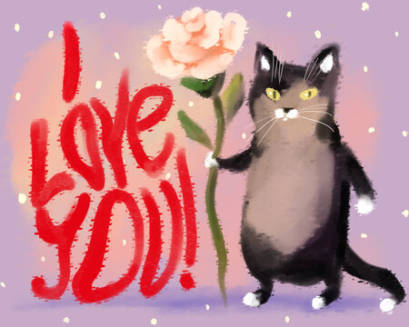 cute card illustration. cat with a flower in its paw and the inscription I love you