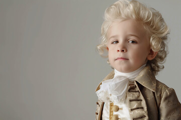 Young boy in vintage costume posing elegantly. Portrait of a child dressed in classical 18th-century attire with a thoughtful expression. Little maestro, baroque elegance in youth. Masquerade concept.