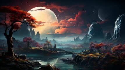 Enchanting Landscape Painting: Celestial Trees and Planets Viewed Through Canon RF 50mm Lens