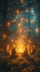 Elven mages in a circle, cigarettes glowing with good magic, protecting the realm. - obrazy, fototapety, plakaty