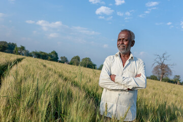 Naklejka na ściany i meble Indian farmer standing at wheat field, Happy farmer