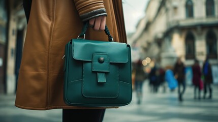 Woman in a coat with a green handbag on the street. Fashion concept