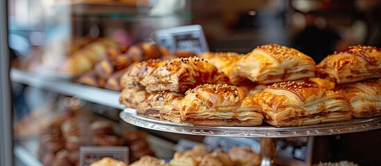A display case showcasing a variety of freshly baked pastries, including Turkish pastry Karakoy Pogaca. The pastries are neatly arranged and look tempting, inviting customers to indulge in their