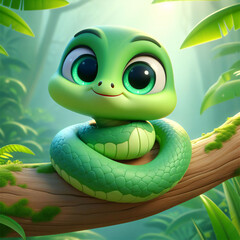 cute 3d character green snake on the branch