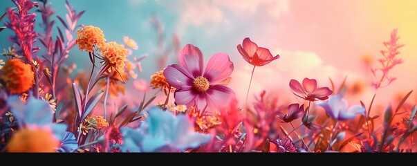 A variety of colorful flowers, an abstract nature backdrop with a pastel gradient sky. Concept of International Women's Day
