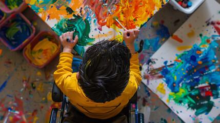 A child on the autism spectrum participates in an art therapy session at a rehabilitation center, Ai generated Images