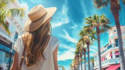 Beautiful young woman in a hat and sunglasses on the background of palm trees and blue sky. Vacation concept