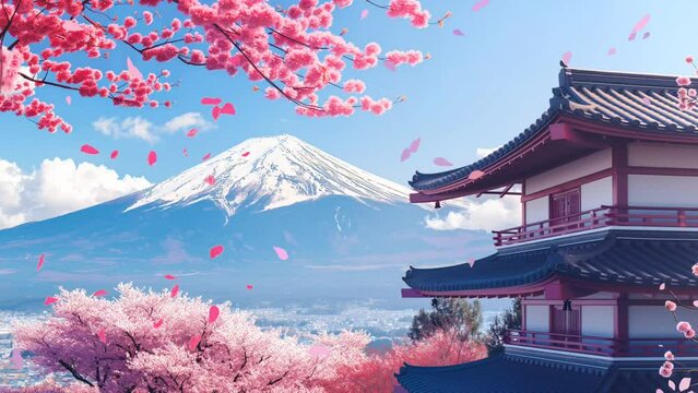 Japanese temple in spring decorated with cherry blossom trees. seamless looping 4k time-lapse animation video background
