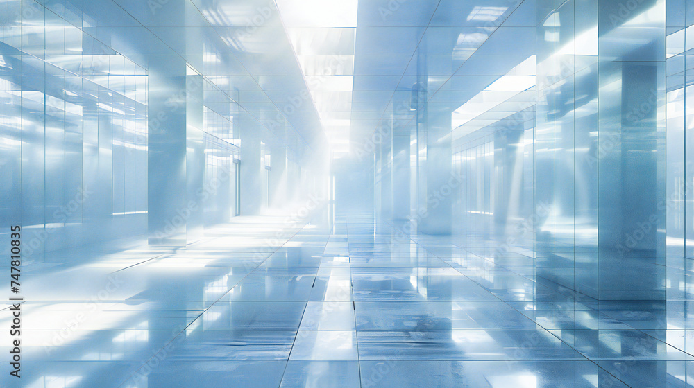 Poster futuristic corridor with illuminated floor and sleek design, concept of modern architecture and adva