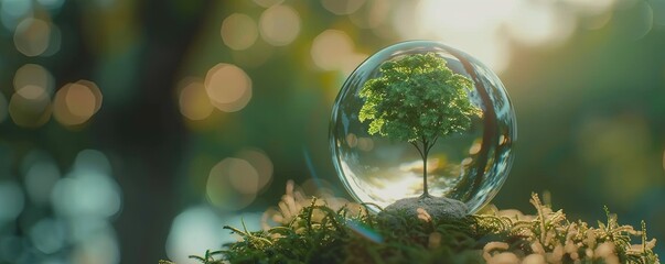 glass globe ball with tree growing and green nature blur background. eco earth day concept - obrazy, fototapety, plakaty