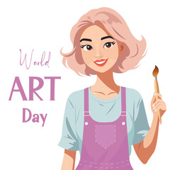 Vector cartoon illustration of a beautiful young artist girl holding a painting brush in her hands. Social media banner for world art day.
