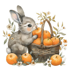 Basket of Fresh Watercolor Oranges  isolated on white background PNG transparent background.