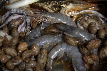 Food materials and ingredients for seafood stew in the pot