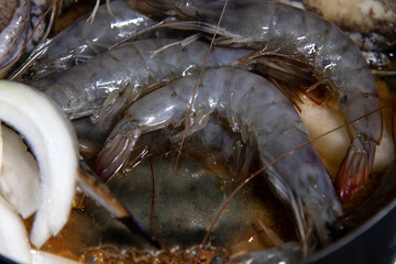 Food materials and ingredients for seafood stew in the pot